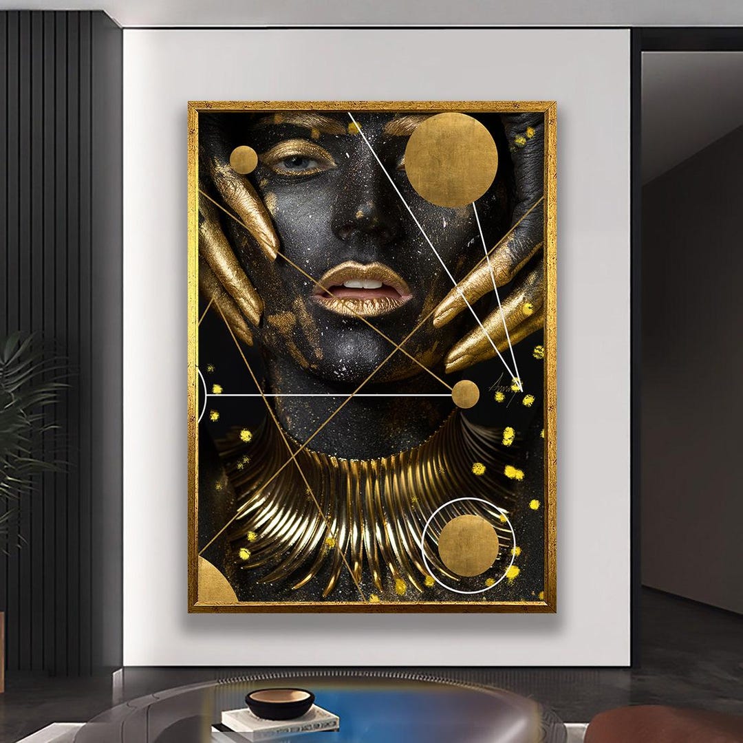 Luxury Black and Gold Abstract Woman Wall Art, Modern Geometric Glamour ...