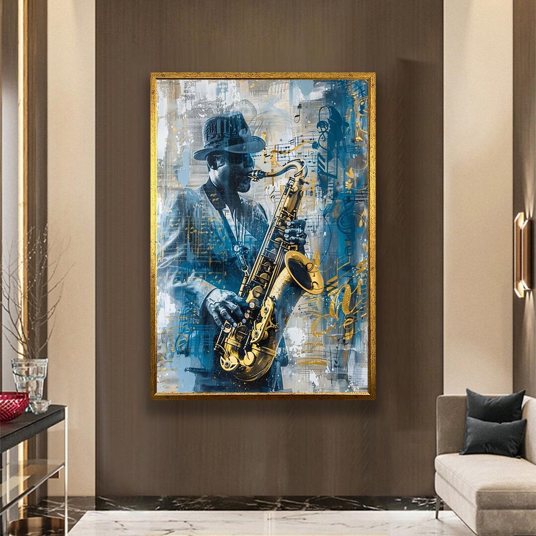 Modern Jazz Saxophone Wall Art, Blue and Gold Musician Canvas Painting ...