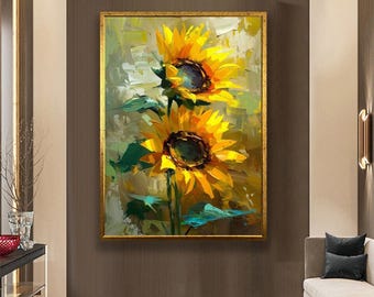 Vibrant Sunflower Canvas Art, Yellow Floral Oil Painting Style Wall Decor