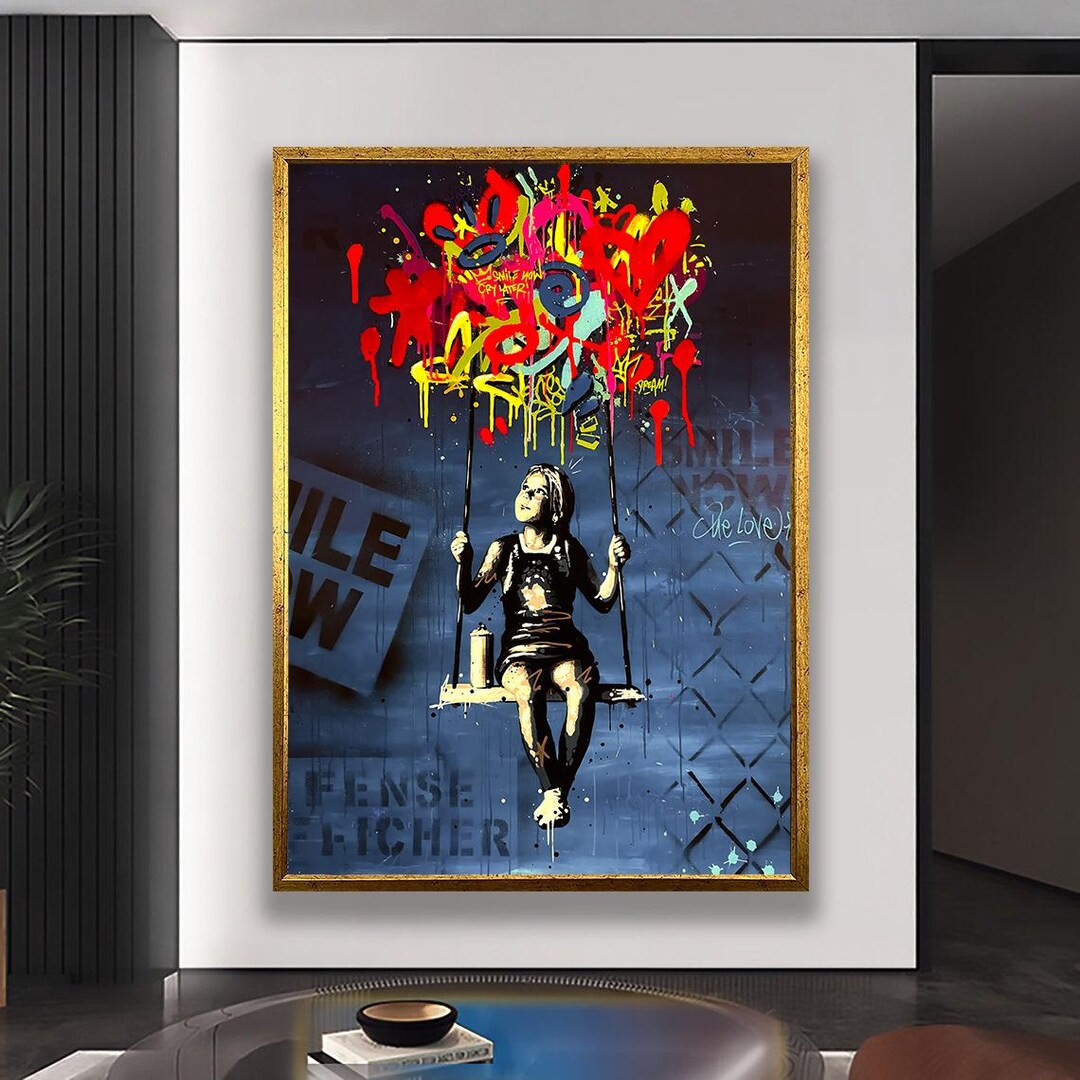 Colorful Graffiti Girl on Swing Canvas Wall Art - Urban Street Art ...