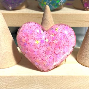 Sparkly Pink Glitter Heart Ring, large, Adjustable Resin star, snowflake statement ring