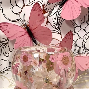 Pink Resin Bangle with Daisies, Pearls, Butterflies – Chunky Statement Nature Jewelry