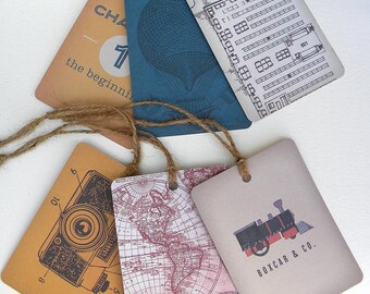 6 large paper tags with vintage inspired designs - paper tags for craft and scrap book projects - journal and planner embellishments