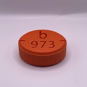 May include: An orange, round pill with the letter "b" and the number "973" imprinted on its surface. The pill has a flat top and bottom with a slightly rounded edge. The background is a plain white.