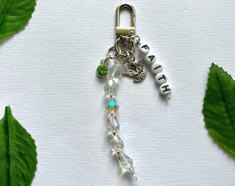 Clear Beaded Angel Keychain, Faith Charm Keychain, Christian Gift for Women, Inspirational Backpack Charm, Purse Accessory, Baptism Gift