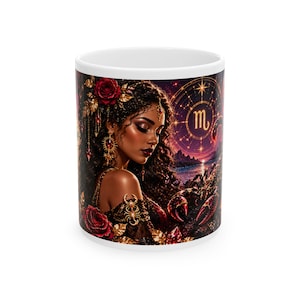 May include: A white ceramic mug featuring a vibrant illustration of a person with dark curly hair adorned with red roses, gold jewelry, and a scorpion motif. The background displays a celestial zodiac Scorpio symbol and a dark starry night sky.