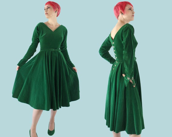 1950s Emerald Green Velvet Dress