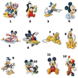 May include: Embroidered patches featuring Disney characters such as Mickey Mouse, Donald Duck, and Goofy. The patches depict the characters in various poses and outfits, with bright colours and detailed stitching. Ideal for clothing or accessories.