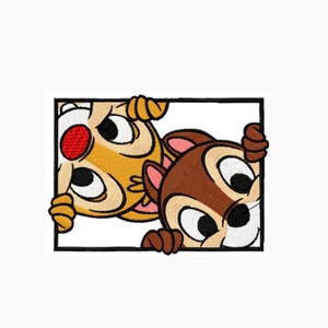 May include: Embroidered patch featuring two cartoon chipmunks, one yellow and one brown, peeking over a black-lined white rectangle. The yellow chipmunk has a red nose, and both have large eyes and smiles.