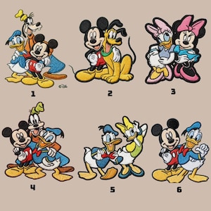 May include: Embroidered patches featuring various Disney characters. Mickey Mouse, Donald Duck, Goofy, Pluto, Daisy Duck, and Minnie Mouse are depicted in colorful designs. These patches are suitable for decorating clothing or accessories.