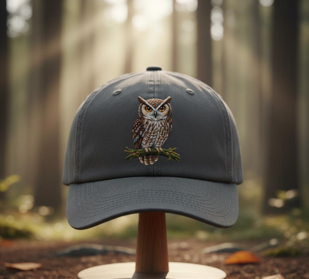 Custom Owl Embroidered Hat, Wildlife Bird Dad Cap, Detailed Forest Owl Design, Nature Lover Gift For