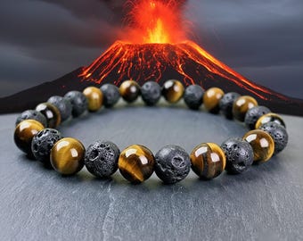 Armband met tijgeroog en zwarte lavakralen, ronde kralen van 8 mm, cadeau voor hem/haar