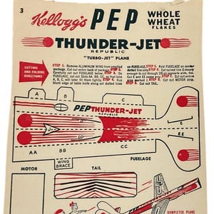 May include: Vintage Kellogg's PEP cereal box insert featuring a "Thunder-Jet" plane design. The paper insert includes cutting and folding instructions, along with a small, silver metal plane-shaped ruler. The text reads "PEP Thunder-Jet Republic".