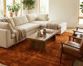 Alfombra de diseño. Alfombra naranja óxido maciza, tuftada a mano: Alfombra minimalista y moderna de lana.