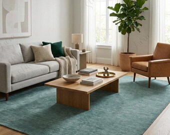Alfombra neozelandesa azul verdoso con mechones hechos a mano: alfombra moderna y sólida para sala de estar.