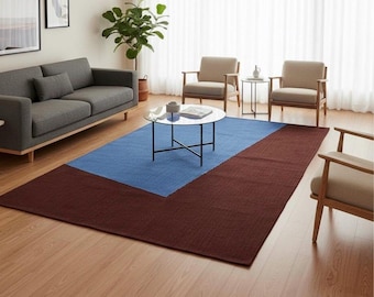 Alfombra de lana tejida a mano en azul y granate: diseño minimalista moderno escandinavo