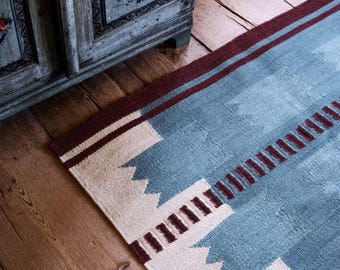 Alfombra de lana tejida a mano: Kilim de tejido plano azul petróleo, 8 x 10 pies
