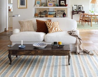 Alfombra de lana tejida a mano: Kilim geométrico de tejido plano en verde azulado, azul y beige