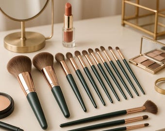 14-Piece Vegan Makeup Brush Set – Green & Rose Gold Gift for Her | Cruelty-Free Beauty Brushes
