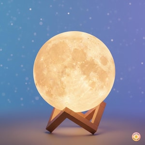 May include: A spherical moon lamp with a detailed surface texture, emitting a warm glow. It sits on a wooden stand. The background is a gradient of blue and purple with white dots, creating a night sky effect. The lamp is a decorative item.