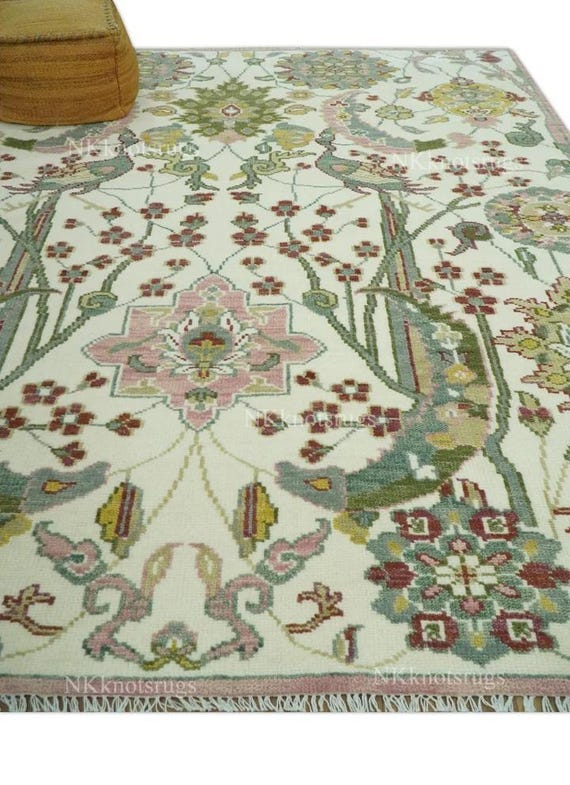 10x14 Ivory Bird Hand-Knotted Oushak Style Rug Traditional Peacock Pattern Area Rug luxury Living Room Rug, 6x9, 5x8 8X10 Custom Size Rug