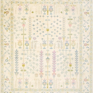 Handmade Oushak Wool Rug - Tree of Life Design Pastel Ivory Area Rug - Hand Knotted Persian Style Carpet for 6x9 5x8 8X10 Custom Size Rug