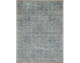 9x12 Muted Blue Ivory Hand-Knotted Oushak Rug Geometric Floral Pattern Area Rug luxury Living Room Rug, 6x9, 5x8 8X10 Custom Size Rug I