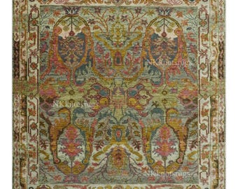 Hand-Knotted Oushak Rug Green Pink Gold Vintage Floral Carpet Antique Rug luxury Living Room Rug, 9x12, 10x14, 8x10 Vintage Custom Size Rug