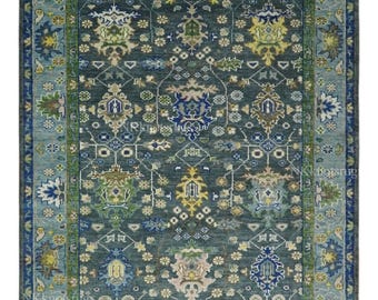 Hand-Knotted Oushak Rug, Blue Green Persian Wool Carpet Oriental Area Rug, luxury Living Room Rug, 9x12, 10x14 ,8x10 Vintage Custom Size Rug