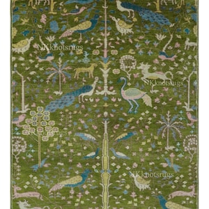 Hand Knotted Wool Rug, Animal Motif Rug, Green Pichwai Style Rug, Peacock Deer Handmade Carpet, 9x12, 10x14 8x10 Vintage Custom Size Rug