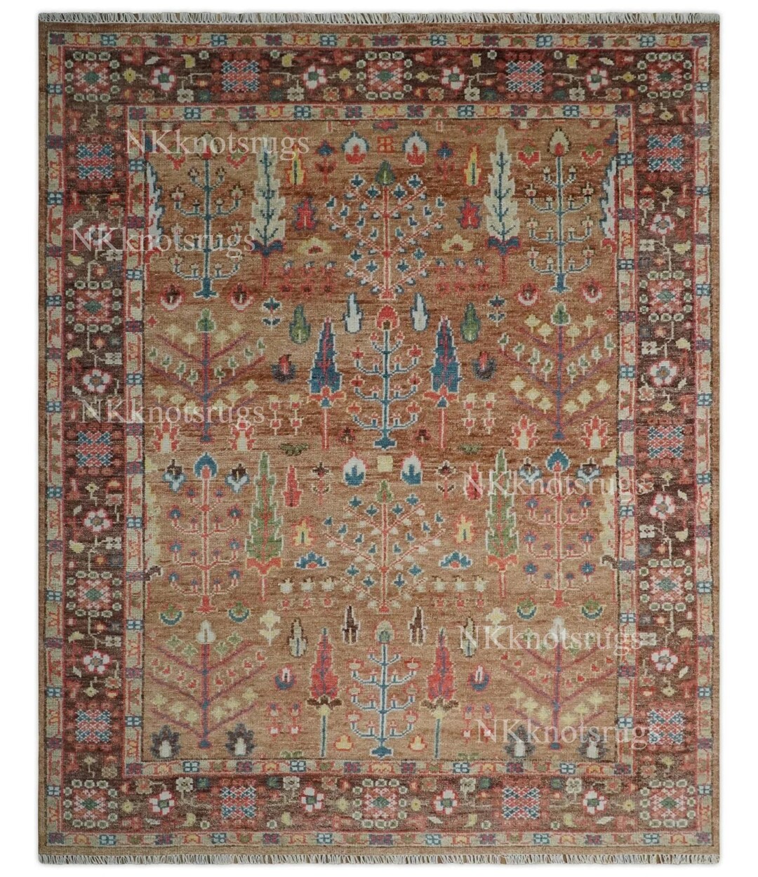 8x9 Rug 8x9 Brown Tree of Life Area Rug Hand-knotted Rug Vintage Tribal Pattern ...