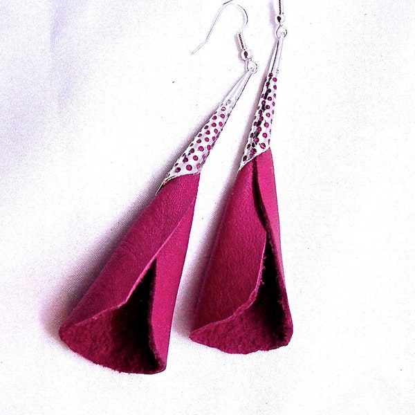 Long Pink Leather Earrings, Dangle, Silver Cap, 925 Siver Plated Ear Wires, Fuchsia,  Leather Jewelry Handmade by Bumbleberry Jewelry