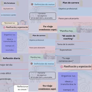 Puede incluir: Infografía en español con secciones sobre establecimiento de objetivos y planificación profesional. El diseño utiliza colores pastel y formas geométricas para organizar la información. Incluye frases como "Tu viaje comienza aquí" y "Planifica hoy."