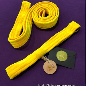 May include: A bright yellow aerial strap with a soft texture, coiled into a circle alongside a straight section. A round brown tag with the text Thank You and a black envelope with a gold wax seal are included. Text reads Inst: @cirque.manege.