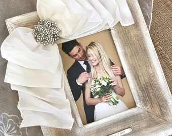 Photo Frame Beach Wedding White Crystal Jewel Bow Sand Driftwood Personalize Anniversary Baby Bride Wood Neutral Name Plaque Unique Gift