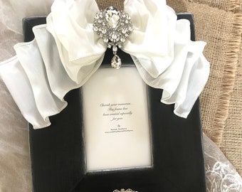 Picture Frame Formal Portrait Black White Wedding Bow Jewel Personalize Plaque Wood Ebony Ivory Anniversary Engagement Portrait Diamond