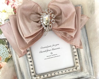 Photo Frame Jewel Snowflake Bow Blush White Christmas Portrait Holiday Wedding Pink Personalize Picture Frame Gift Name Plaque