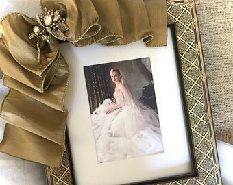 8x10 Photo Frame 8x10 Portrait Jeweled Bow Wedding Family Christmas Baby Vintage Inspire Unique Gift Ebony Gold Hand Crafted