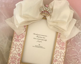 Photo Frame Bow Jewel Damask Crown Pink Baby Girl Princess Wedding White Lavender Personalize Name Plaque First Birthday Mothers Day