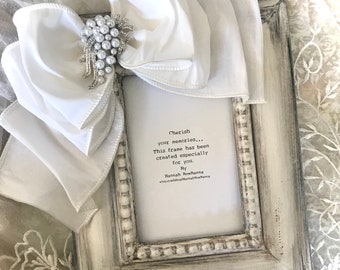 Picture Frame Jeweled Bow Personalize White Wedding Portrait Baby Photo Frame Gift for Mom Unique Gift Idea White Diamond Pearl Name Plaque