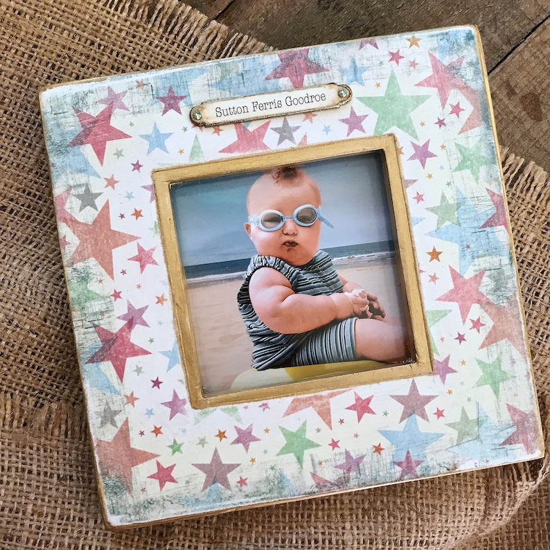 QUICK SHIP Photo Frame Baby Child Personalized Boys Girls BFF Stars Vintage Carnival Aqua Blue Colorful Gift Idea Circus Name Plaque