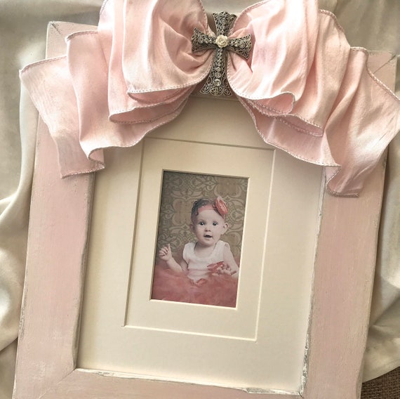 8x10 Photo Frame Bow Baptism Baby Religious Cross Jewel Pink Decor Blue Gift Idea Blue Personalize Plaque First Birthday Grandparent Gift