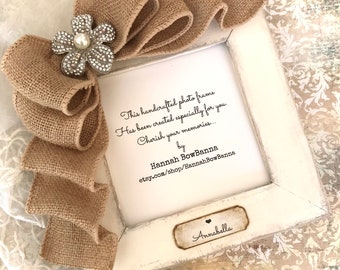 White Photo Frame Bow Burlap Wedding Crystal Jewel Personalize Plaque Baby Girl Rustic Wood Flower Girl Bridesmaid Shower Gift Mom