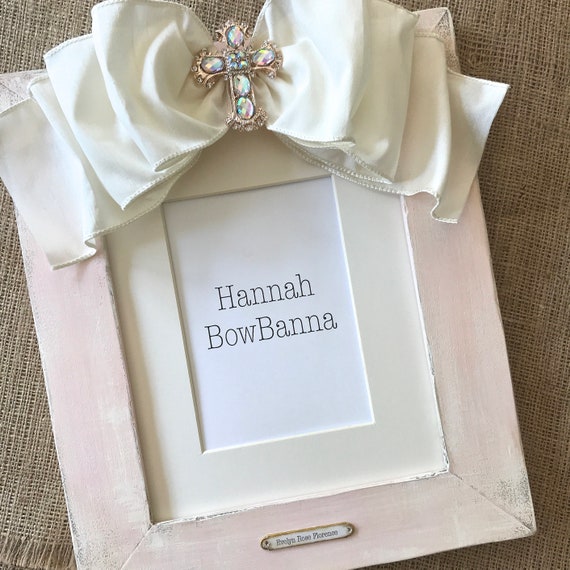 8x10 Photo Frame Bow Baptism Baby Religious Cross Jewel Pink Decor Blue Gift Idea Blue Personalize Plaque First Birthday Grandparent Gift