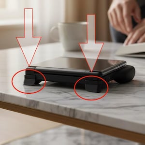 Puede incluir: Consola de juegos portátil negra con mando adjunto. La consola está sobre una superficie de mármol. La consola tiene dos pequeños soportes negros en la parte inferior, cada uno de aproximadamente 2,5 cm de altura.