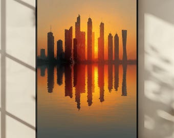 Modern Abstract Cityscape Print Orange and Gold Skyline Wall Art Digital Download for Urban Home Decor & Contemporary Interiors