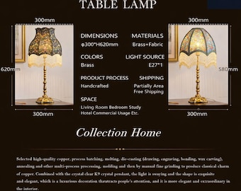 Lampe de bureau artisanale en laiton avec base gravée – Abat-jour en tissu orné de pompons en cristal – Éclairage vintage pour bureau et chambre