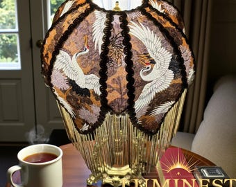 French Vintage Lamp, Solid Copper Table with Jacquard Crane Shade