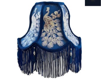 Pantalla de lámpara de mesa con diseño de pavo real en tela azul – Cubierta de luz vintage francesa hecha a mano con detalles de cobre para bombillas E27