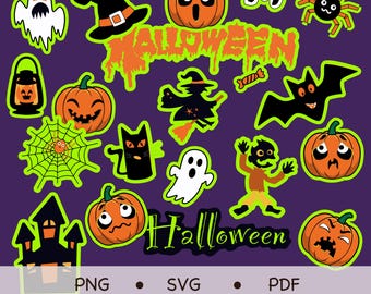 Pegatinas luminosas de Halloween: calabazas, fantasmas, brujas (descarga digital)